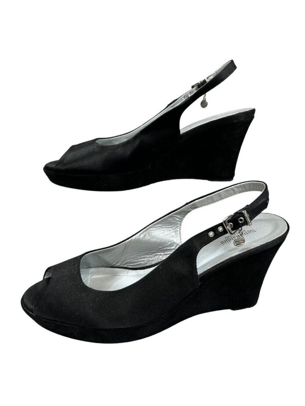 Nero Giardini Black Leather Suede Peep-Toe Slingback Wedge Sandal Size 9